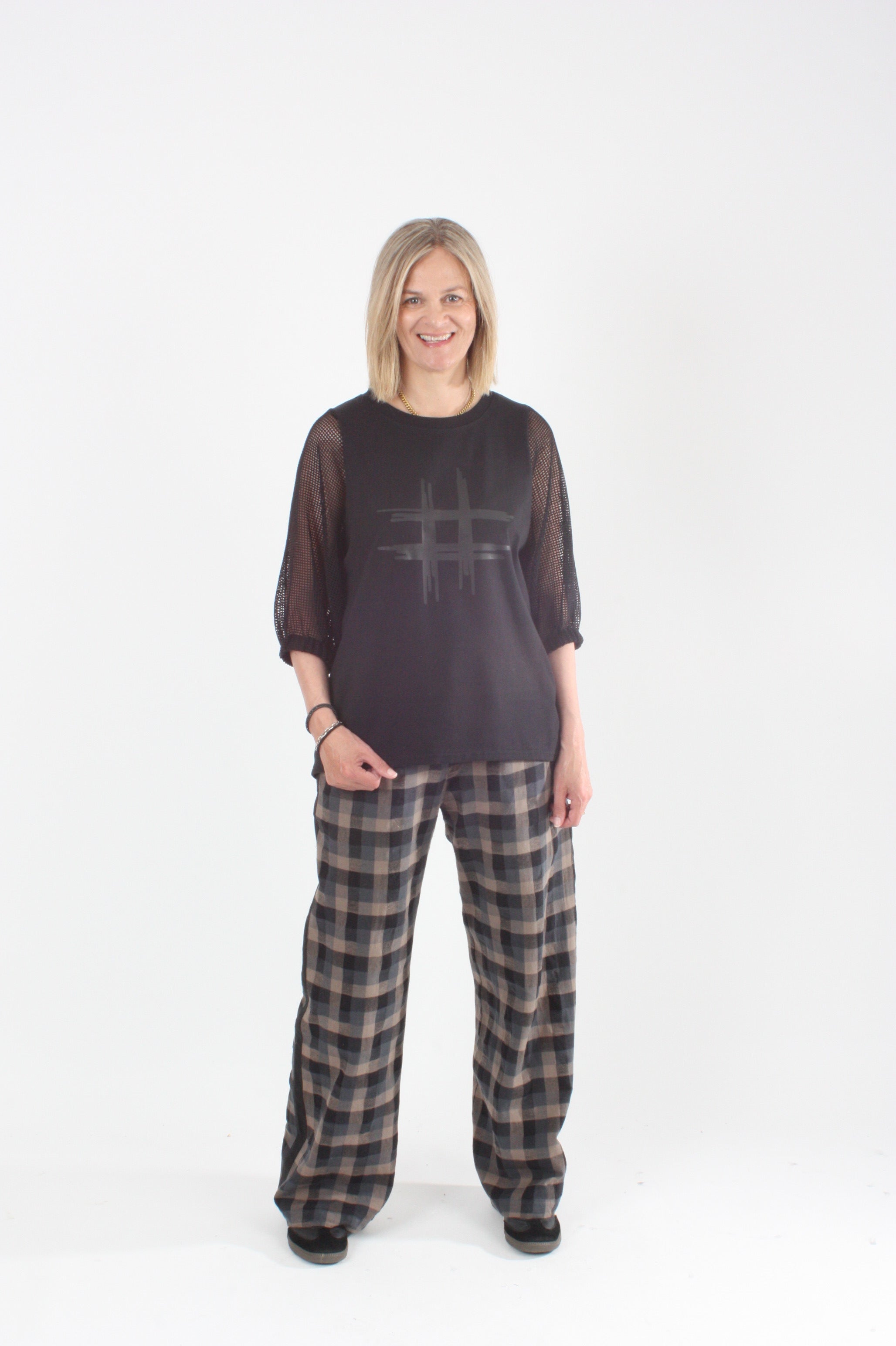 Bennie Top - Ivory with White Green Check sleeves