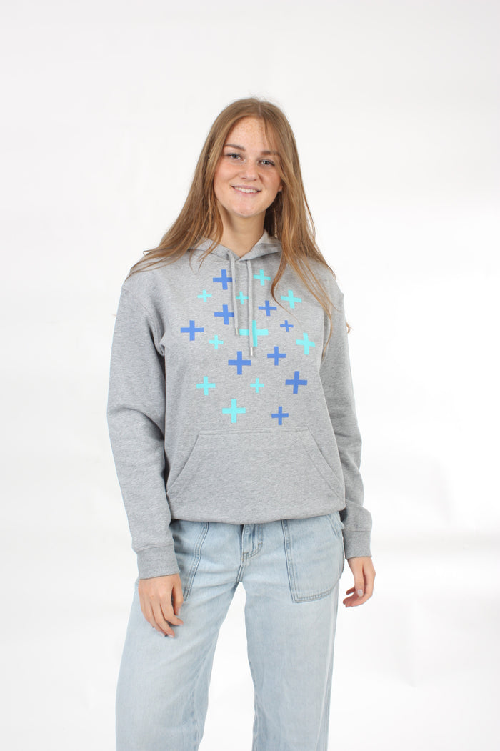 Hoodie - Grey Marl with Blue and Turquoise scattered crosses - Pre-Order
