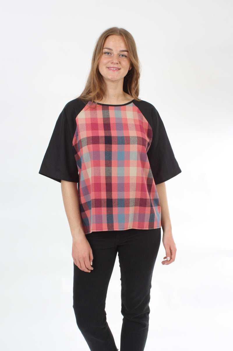 Women wearing a Gingham with Black sleeves Becky Top