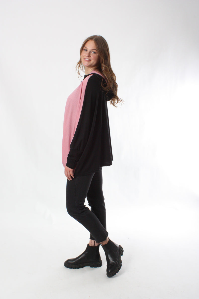 Alexa Top Hooded Merino - Pink and Black - Pre Order