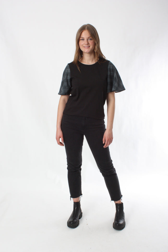 Donna Tee - Black with Check Sleeves