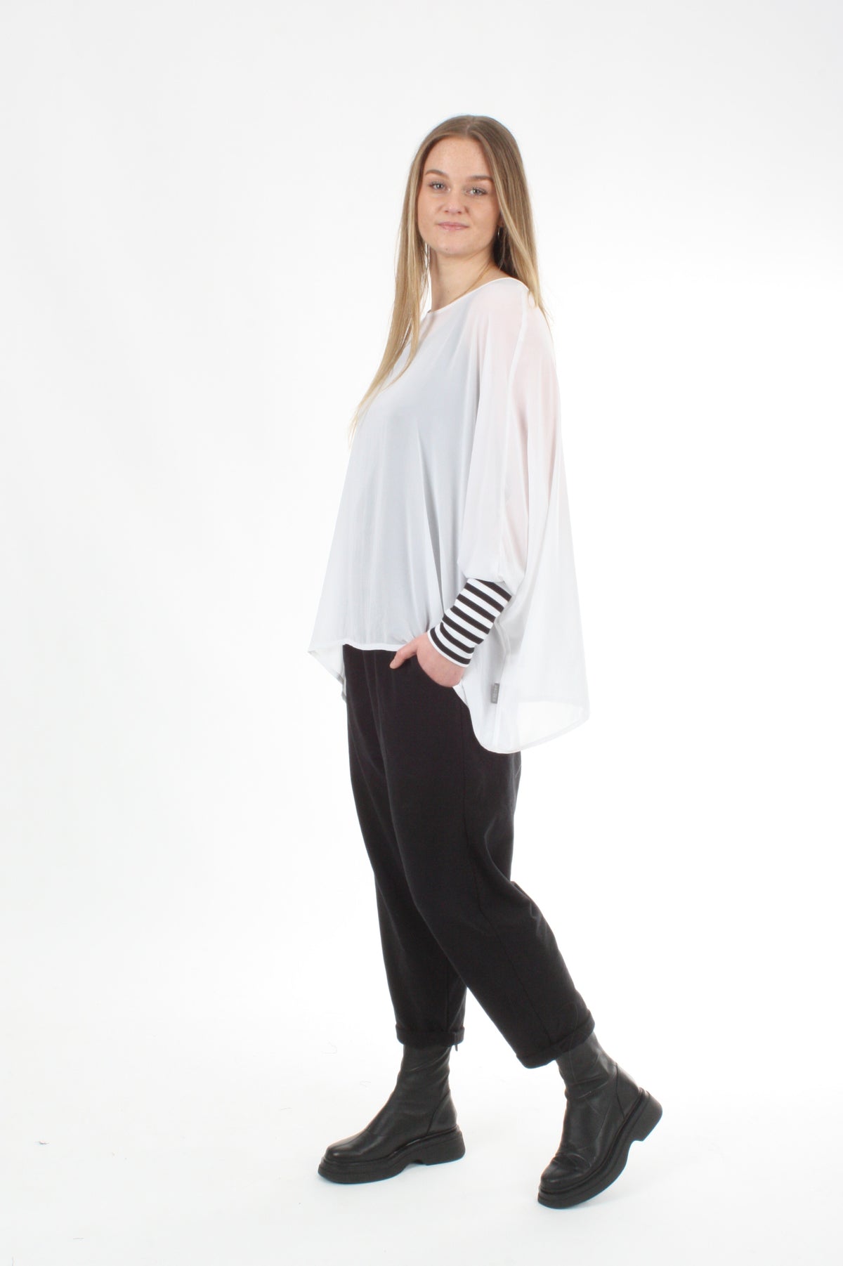 Alexa Top - White - Stripe Cuffs - Pre-Order