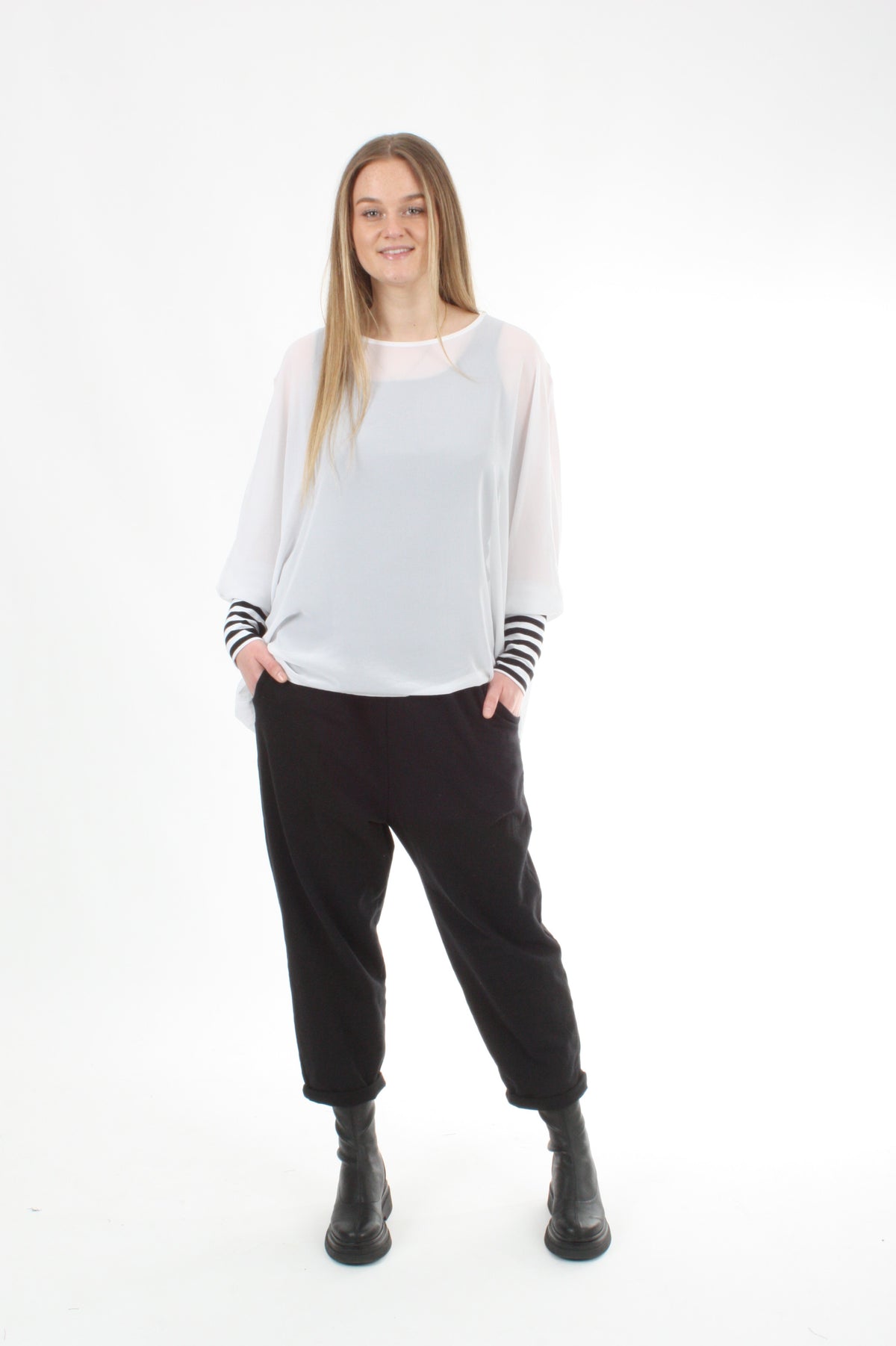 Alexa Top - White - Stripe Cuffs - Pre-Order