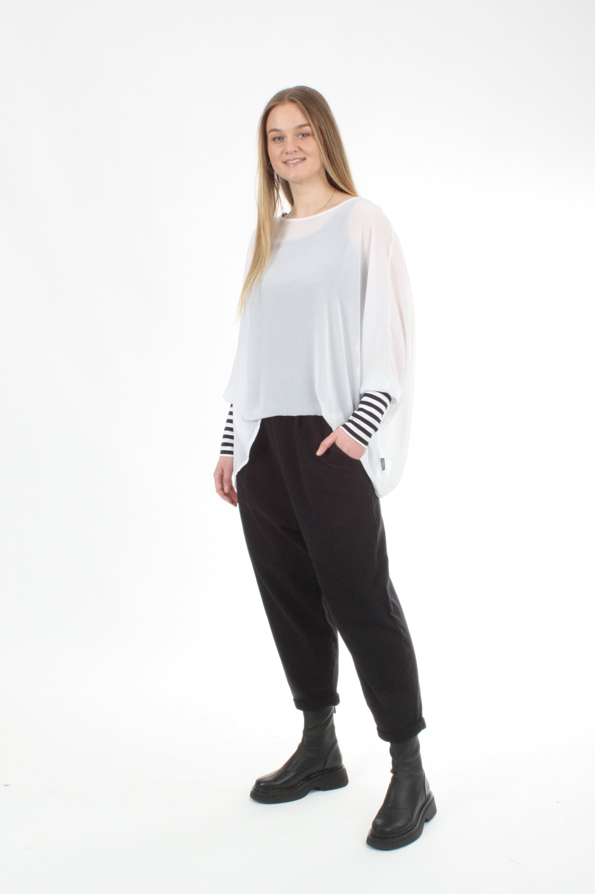 Alexa Top - White - Stripe Cuffs - Pre-Order