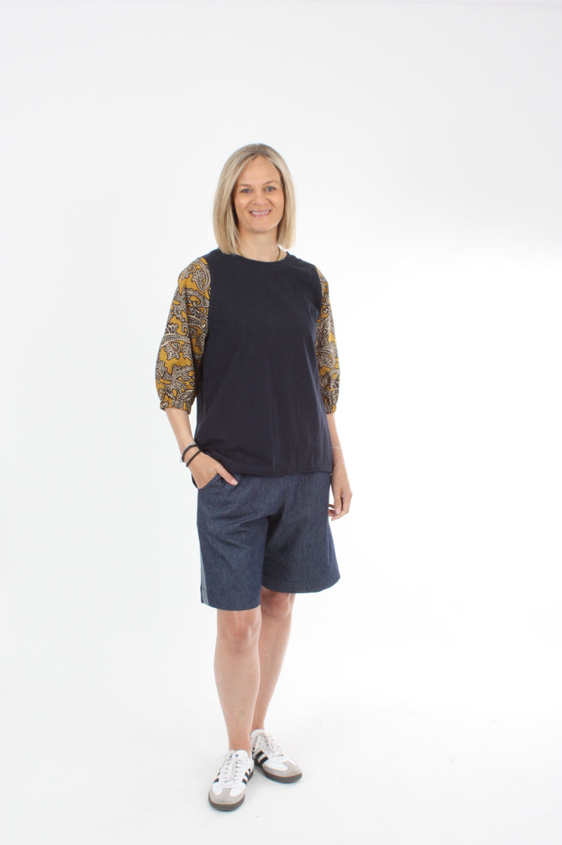 Bennie Top - Navy body Mustard print sleave