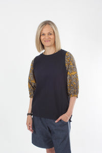 Bennie Top - Navy body Mustard print sleave