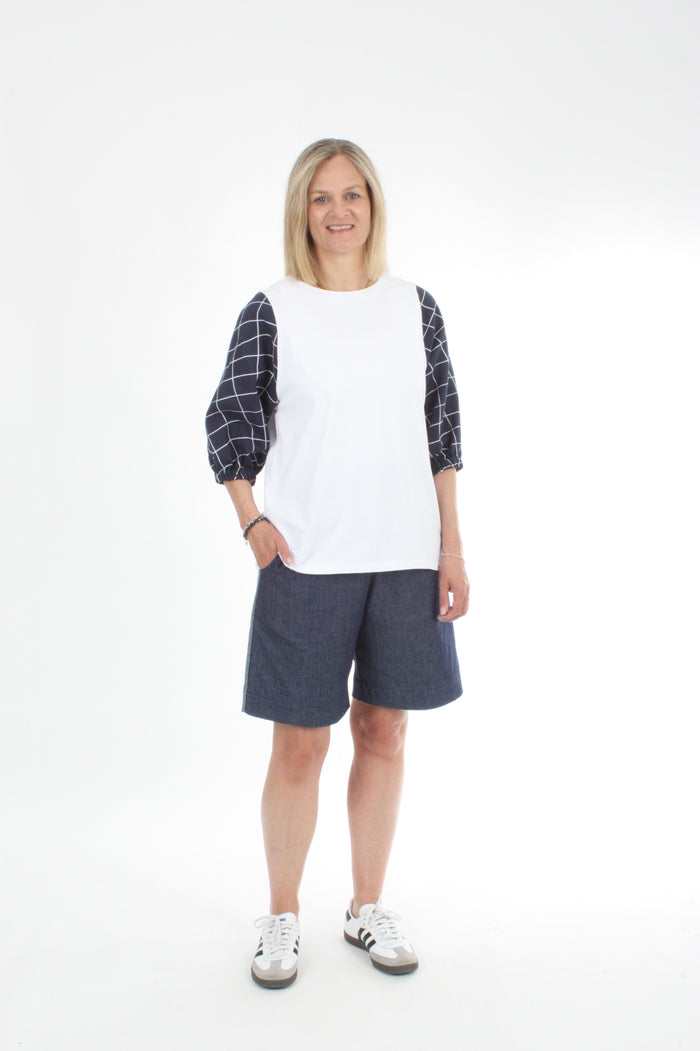 Bennie Top - White body Navy Check sleeve