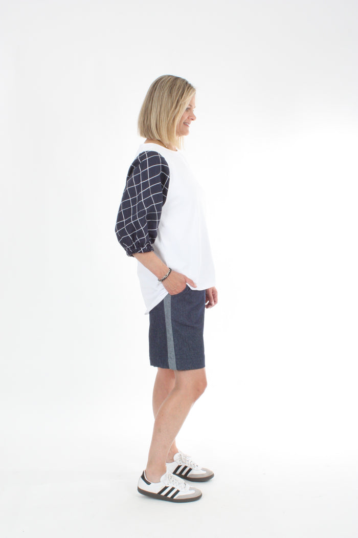 Bennie Top - White body Navy Check sleeve