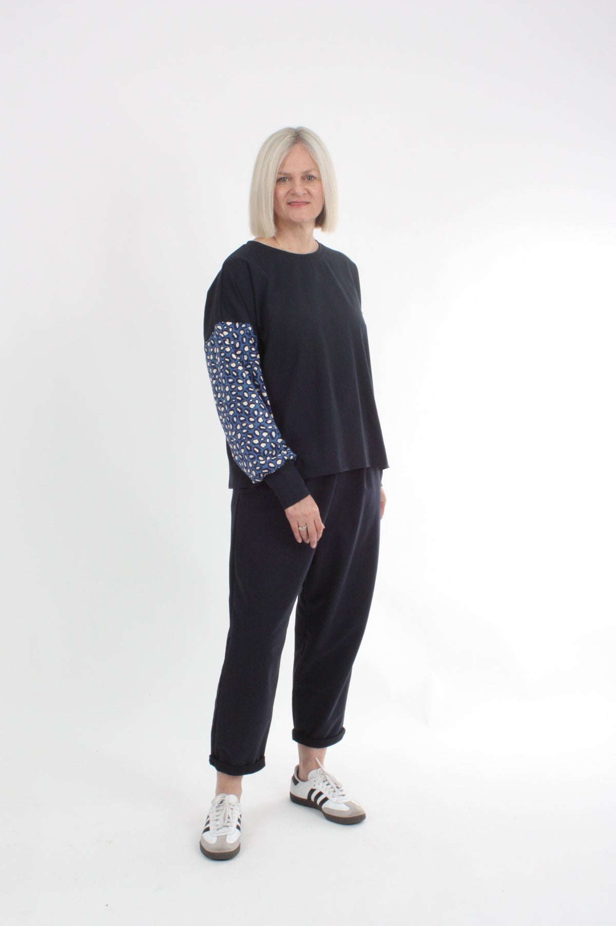 Quinn Top - Navy Blue spot sleeve