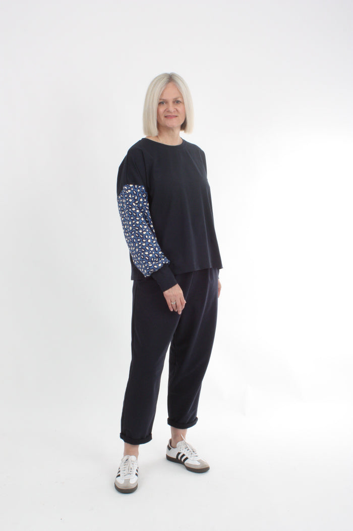Quinn Top - Navy Blue spot sleeve
