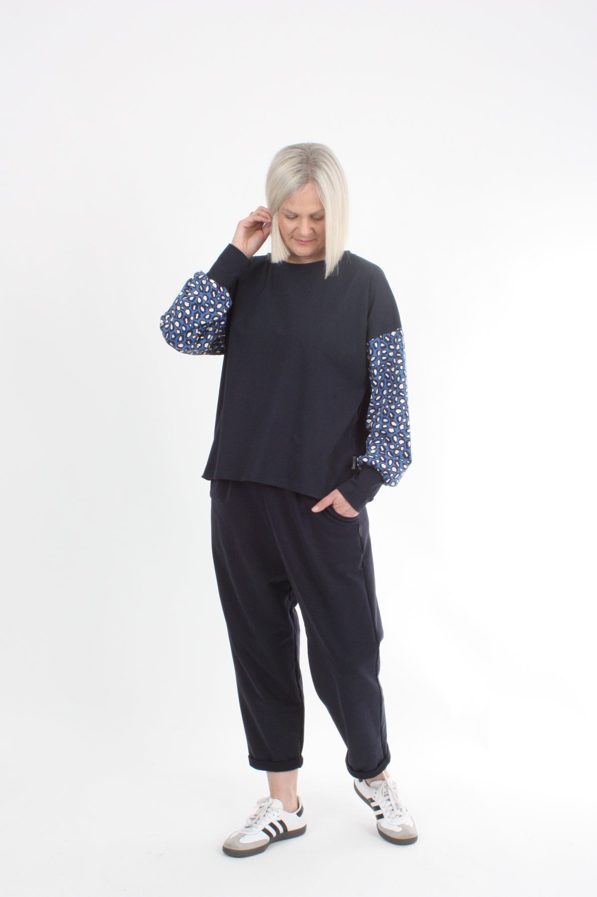 Quinn Top - Navy Blue spot sleeve