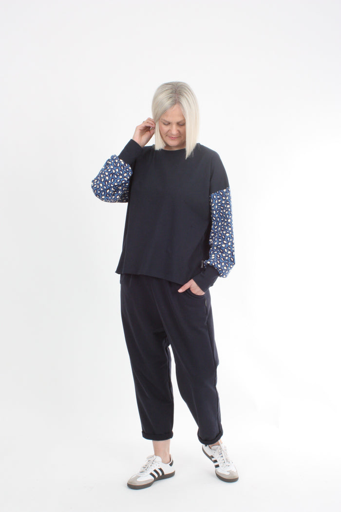 Quinn Top - Navy Blue spot sleeve