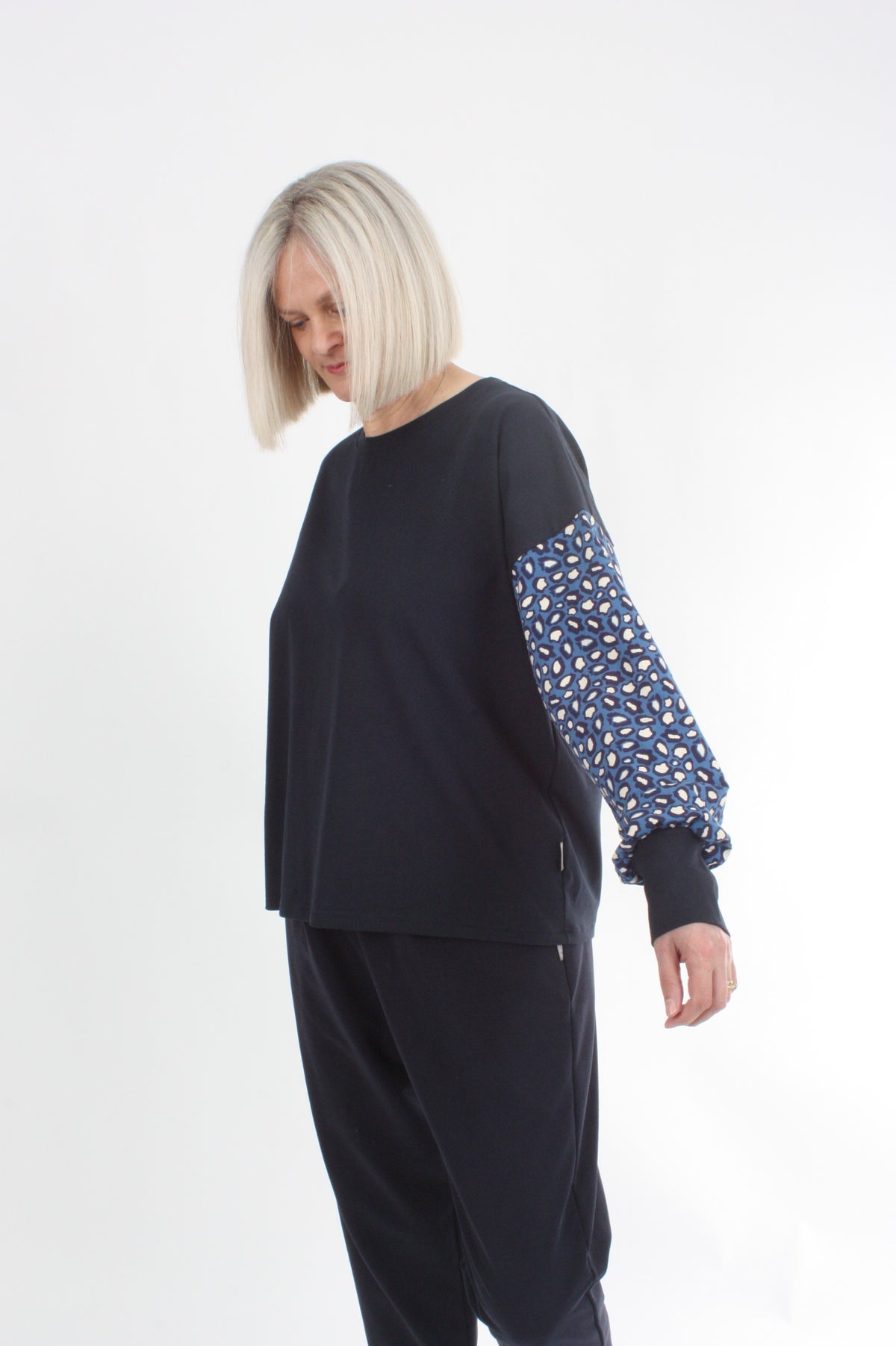 Quinn Top - Navy Blue spot sleeve
