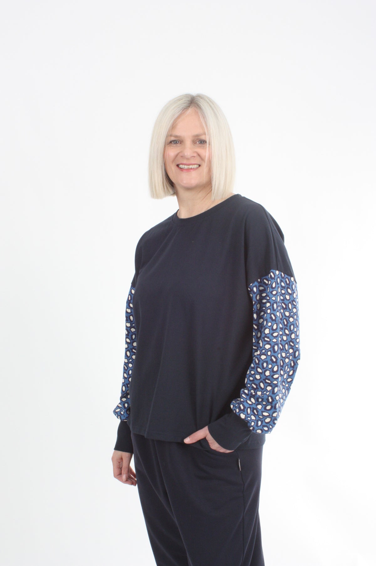 Quinn Top - Navy Blue spot sleeve