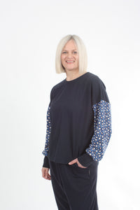 Quinn Top - Navy Blue spot sleeve