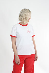 Tee Shirt - White red Trims - 3 Flowers  - Pre Order