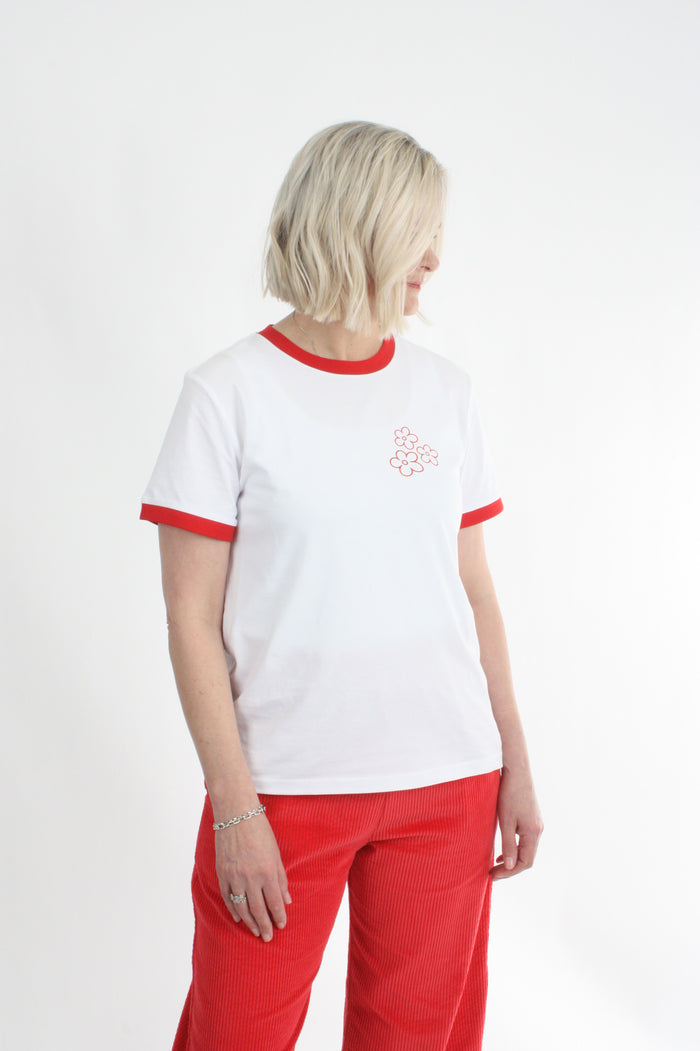 Tee Shirt - White red Trims - 3 Flowers  - Pre Order