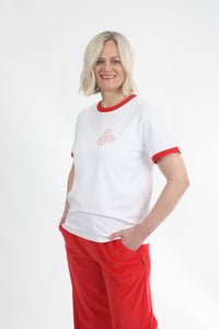 Tee Shirt - White red Trims - 3 Flowers  - Pre Order