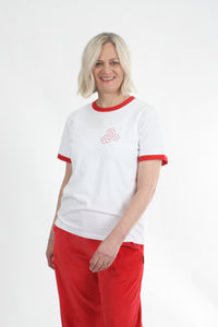 Tee Shirt - White red Trims - 3 Flowers  - Pre Order