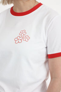 Tee Shirt - White red Trims - 3 Flowers  - Pre Order