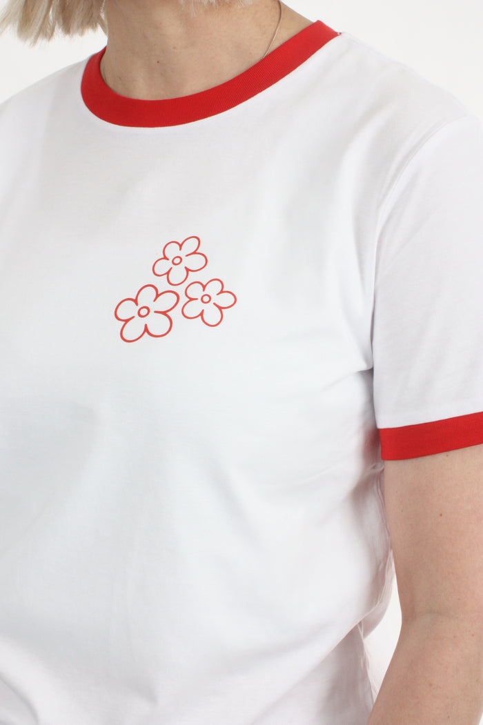 Tee Shirt - White red Trims - 3 Flowers  - Pre Order