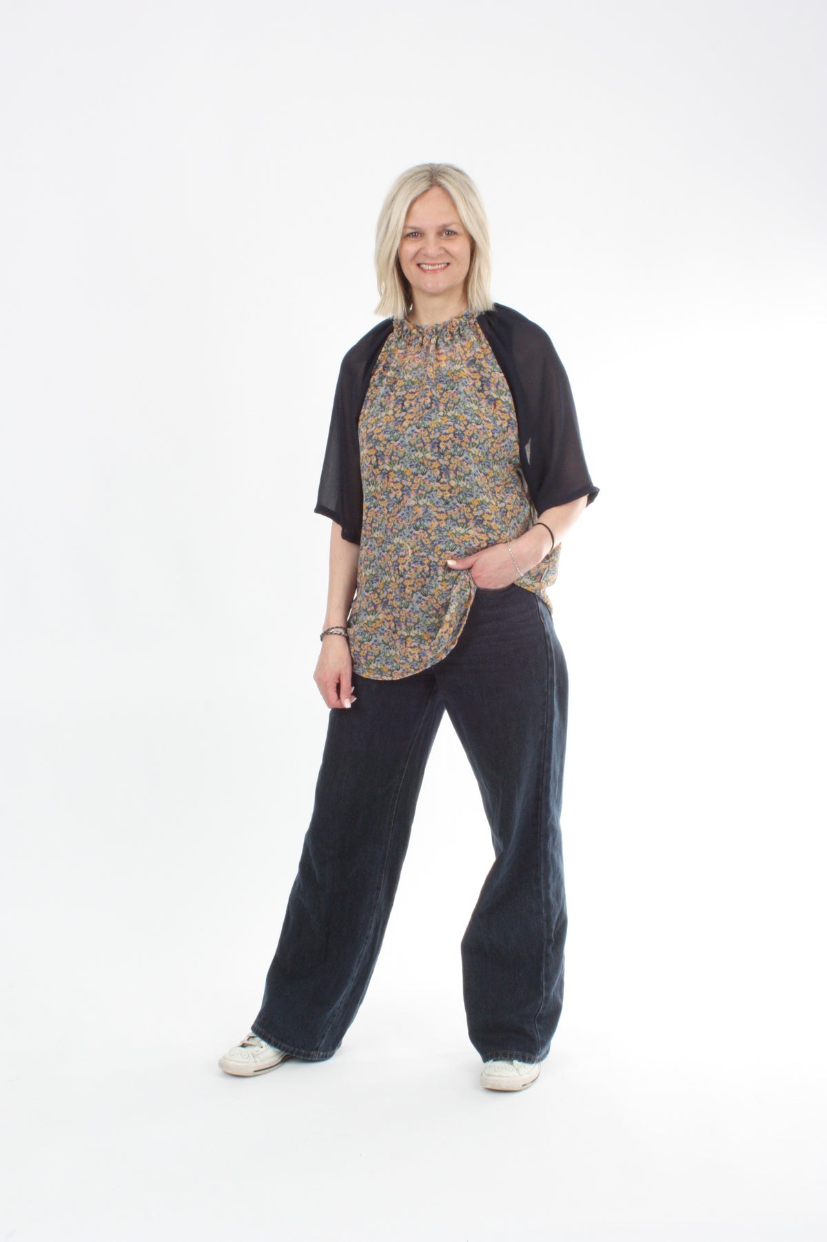 Emma Top - Floral Chiffon - Navy Sleeve