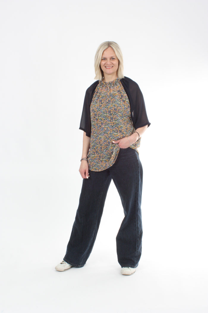 Emma Top - Floral Chiffon - Navy Sleeve