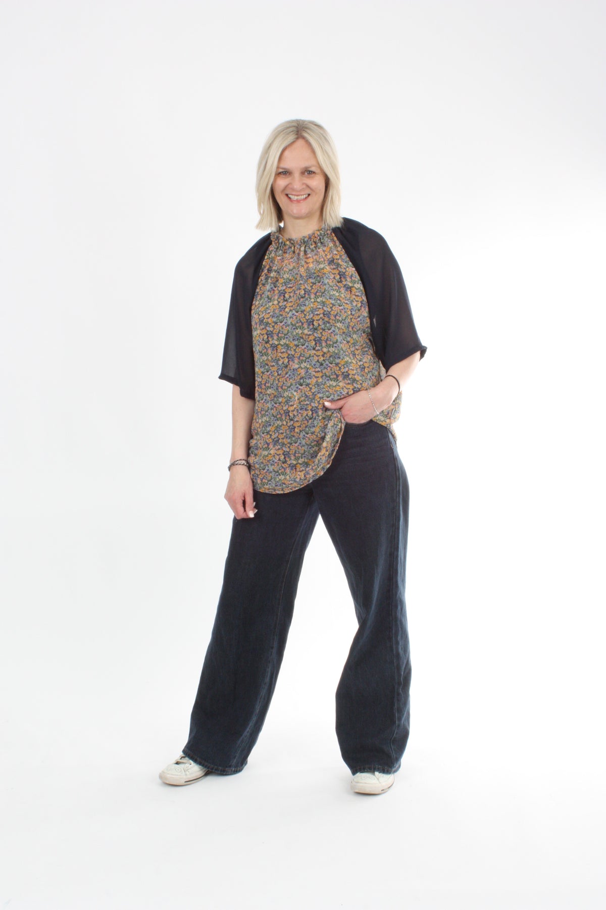 Emma Top - Floral Chiffon - Navy Sleeve