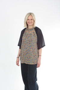 Emma Top - Floral Chiffon - Navy Sleeve