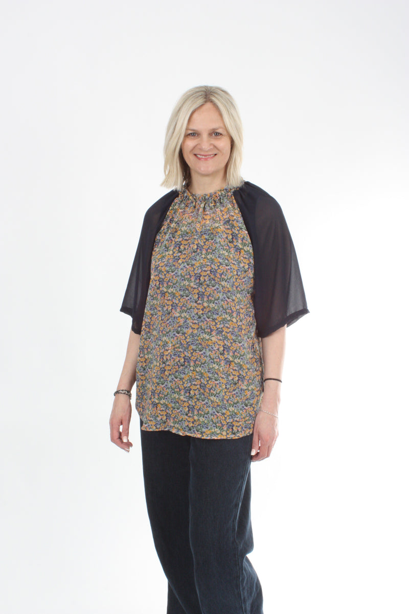 Emma Top - Floral Chiffon - Navy Sleeve