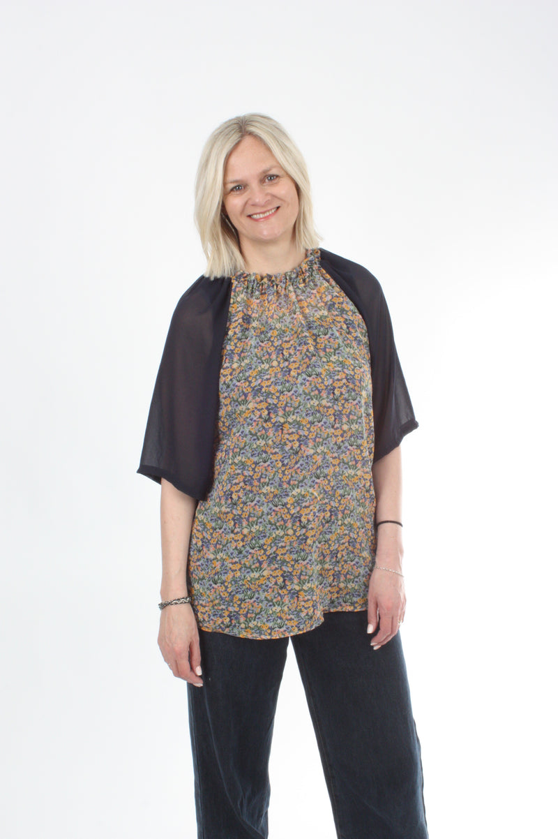 Emma Top - Floral Chiffon - Navy Sleeve