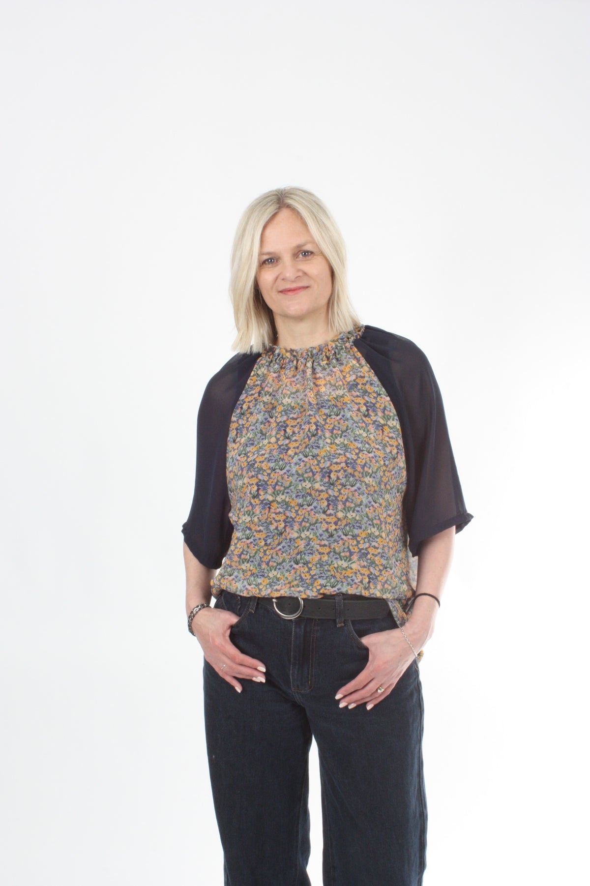 Emma Top - Floral Chiffon - Navy Sleeve