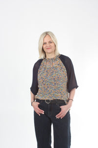 Emma Top - Floral Chiffon - Navy Sleeve