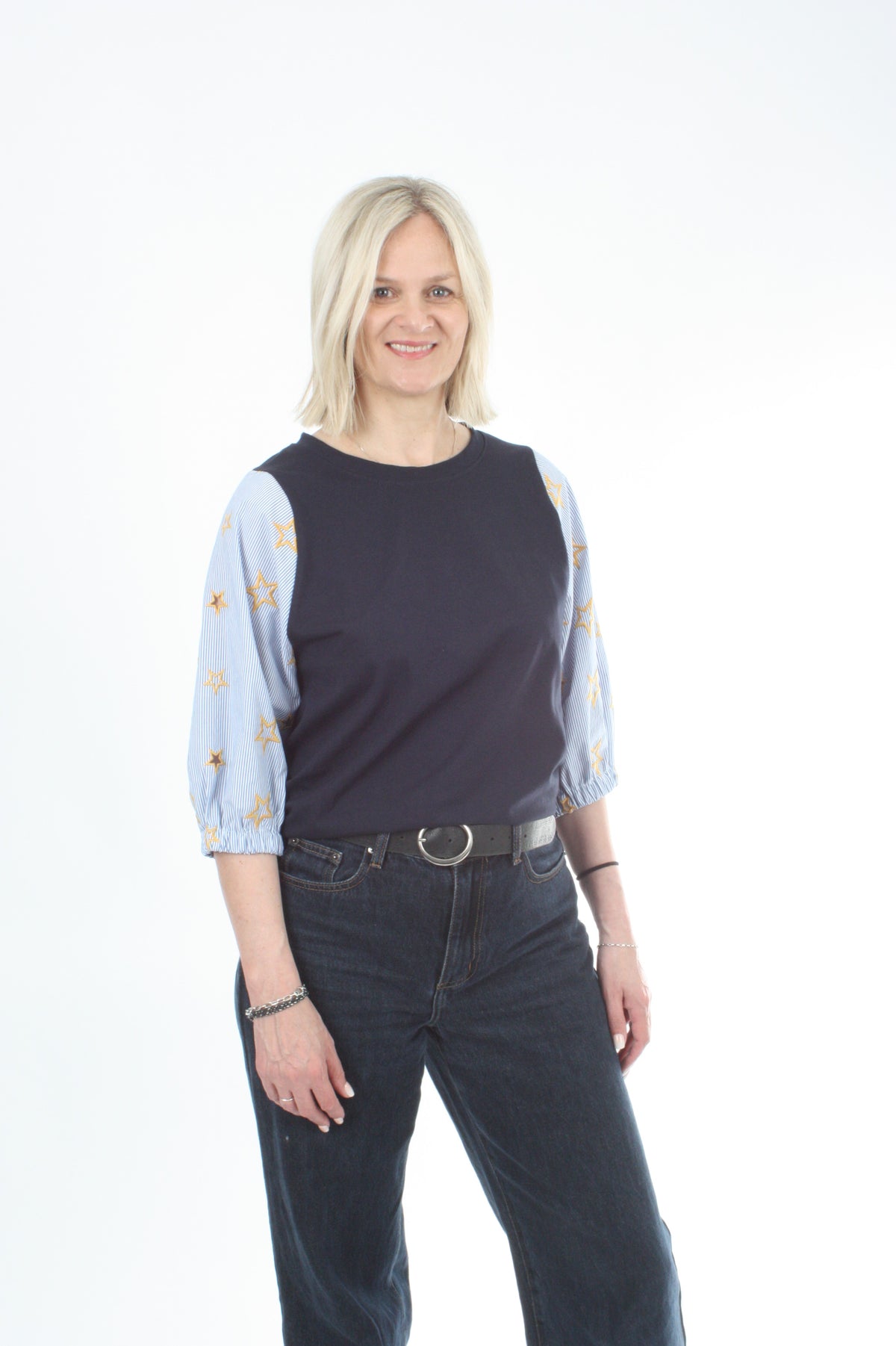 Bennie Top - Navy with stripe star sleeves