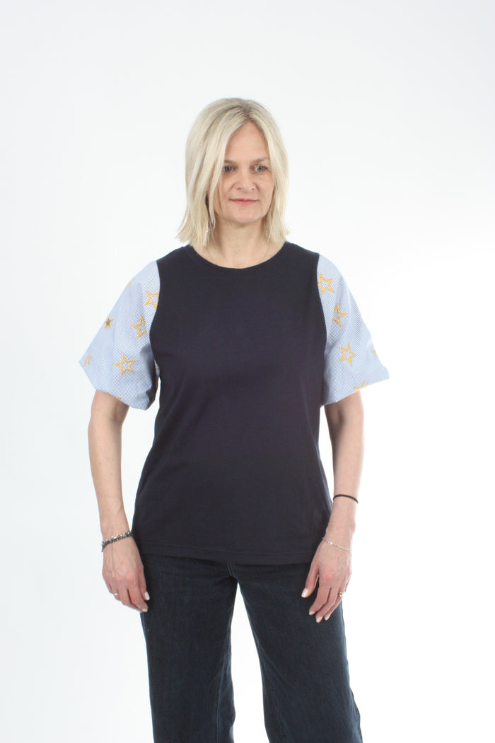 Bennie Top - Navy with stripe star sleeves