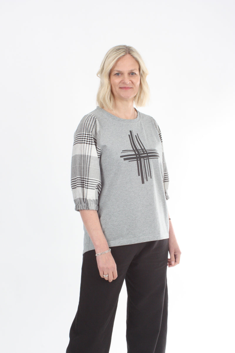 Bennie Top - Grey with line Print Sleeve