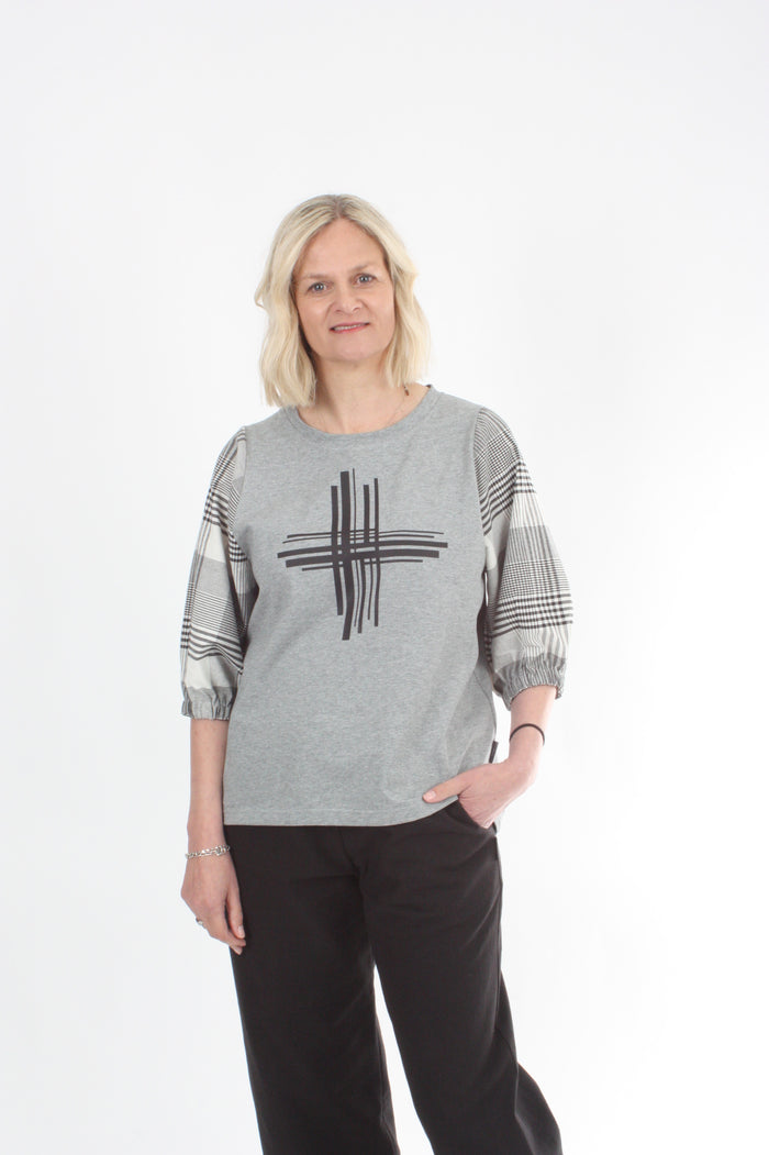 Bennie Top - Grey with line Print Sleeve