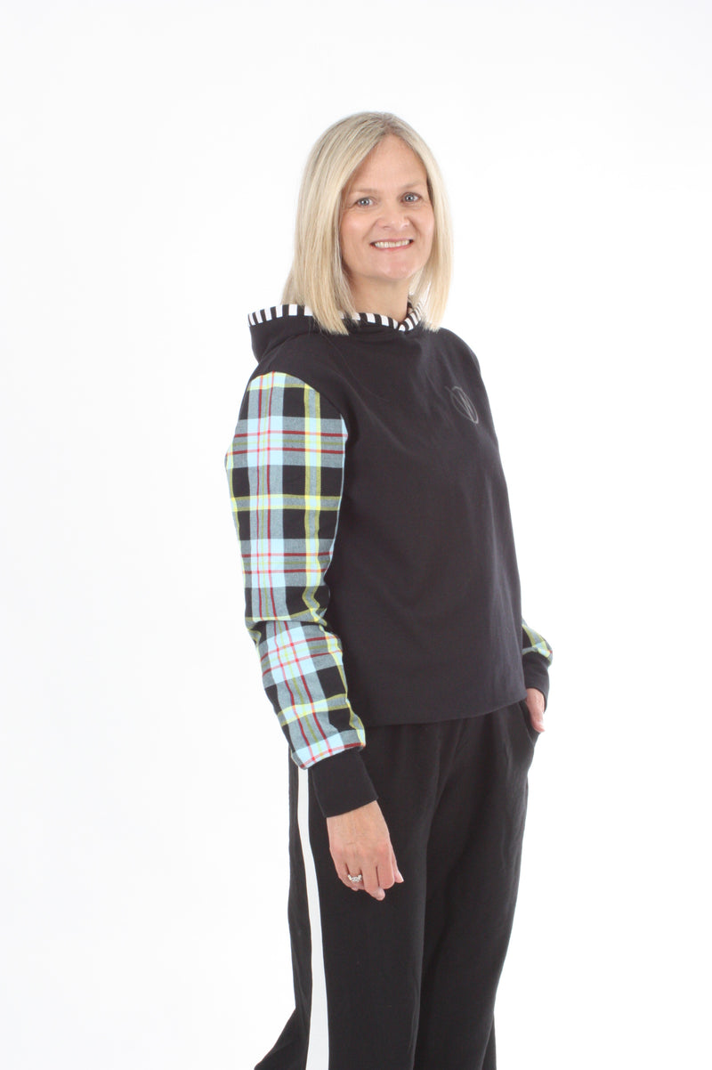 Holly Hoodie - Black with Check Sleeve