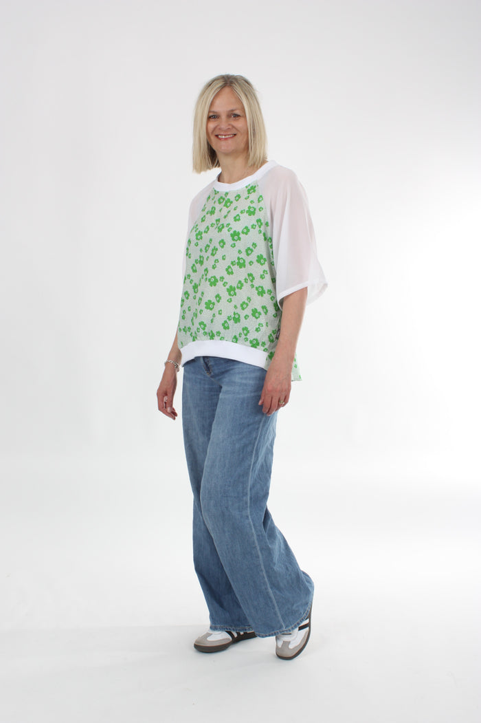 Harper Top - Green Floral and White Short sleeve