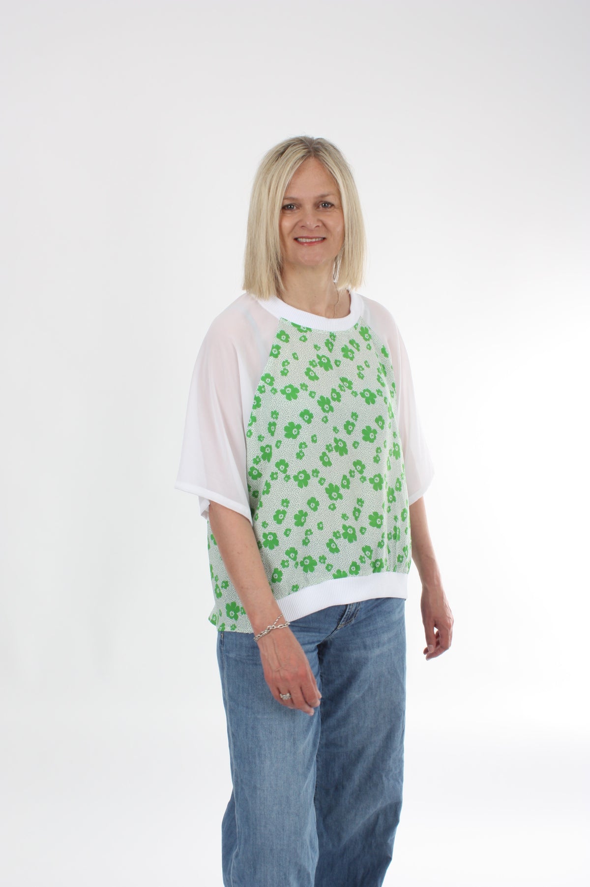 Harper Top - Green Floral and White Short sleeve