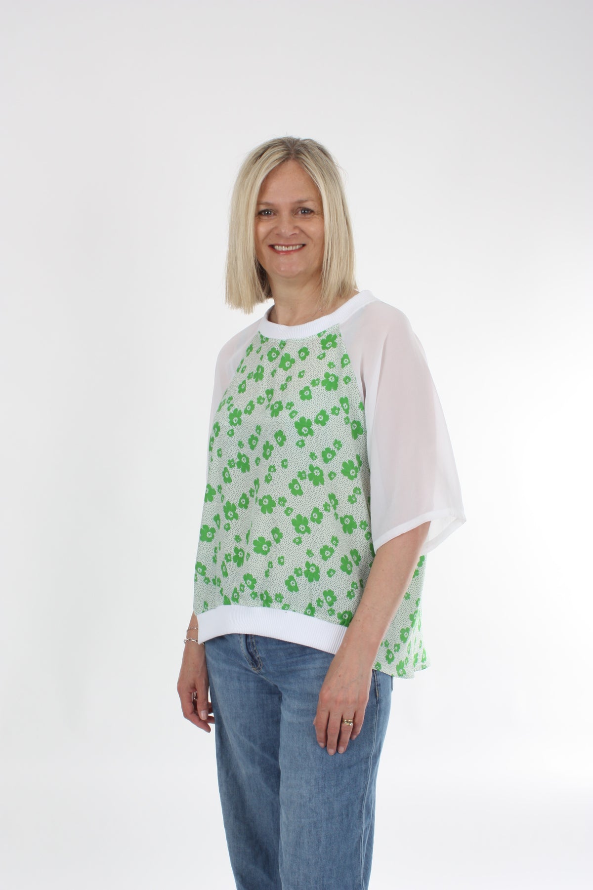 Harper Top - Green Floral and White Short sleeve