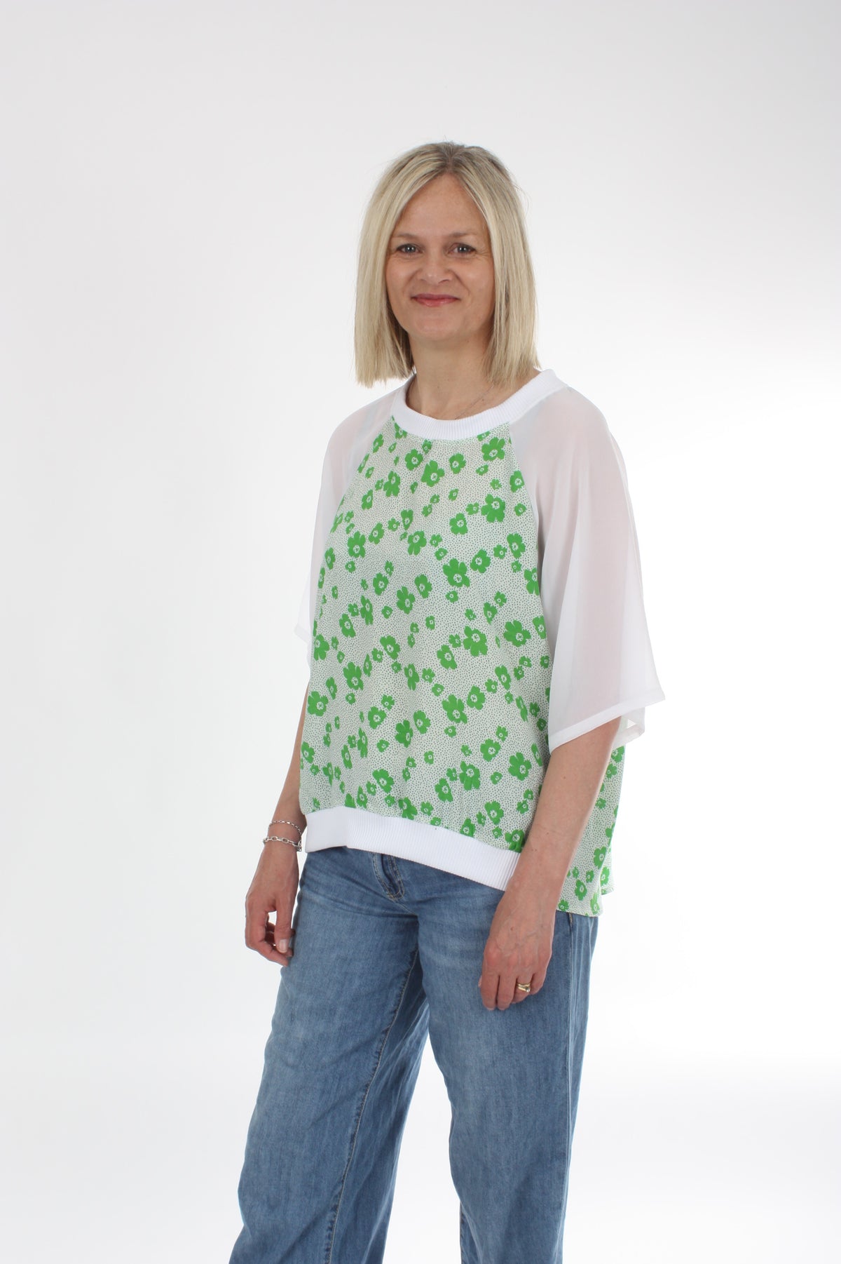 Harper Top - Green Floral and White Short sleeve