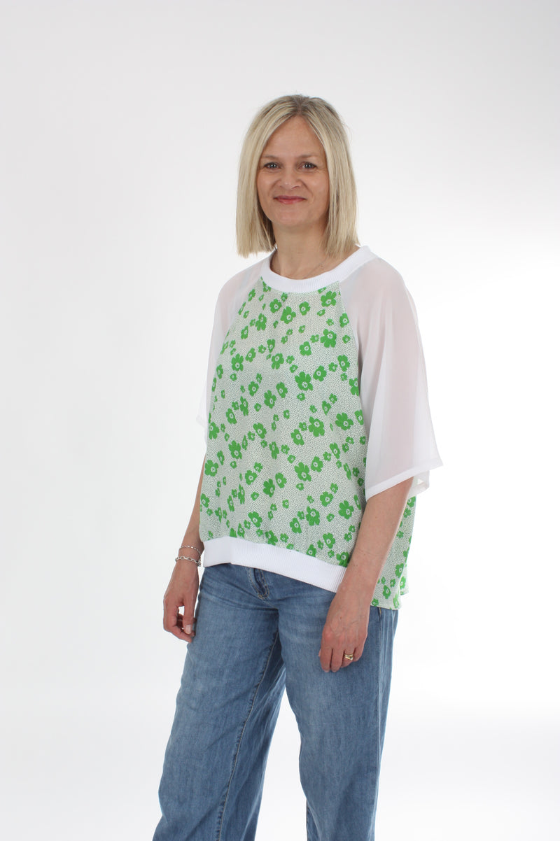Harper Top - Green Floral and White Short sleeve