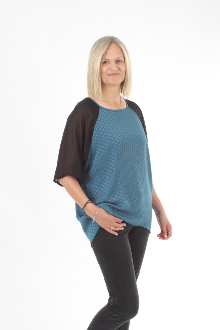 Kendra Top - Teal Print and Black sleeve