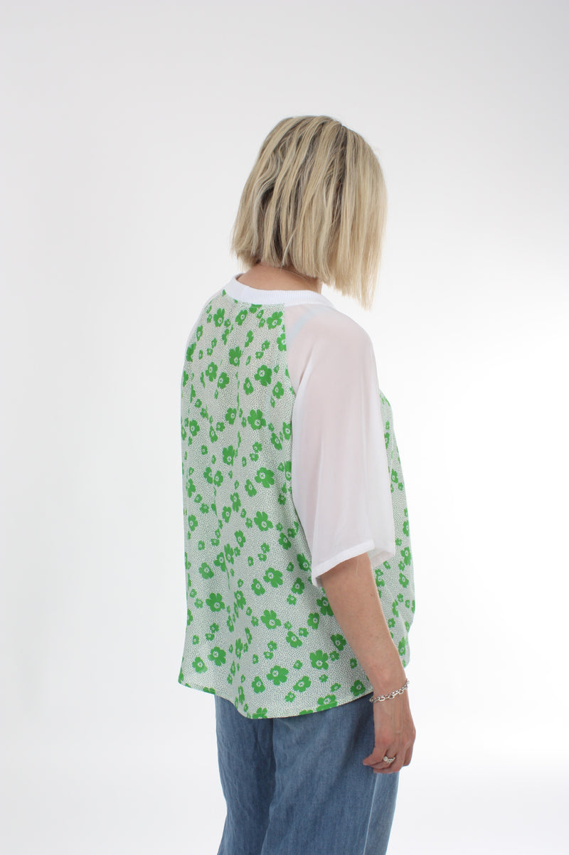 Harper Top - Green Floral and White Short sleeve