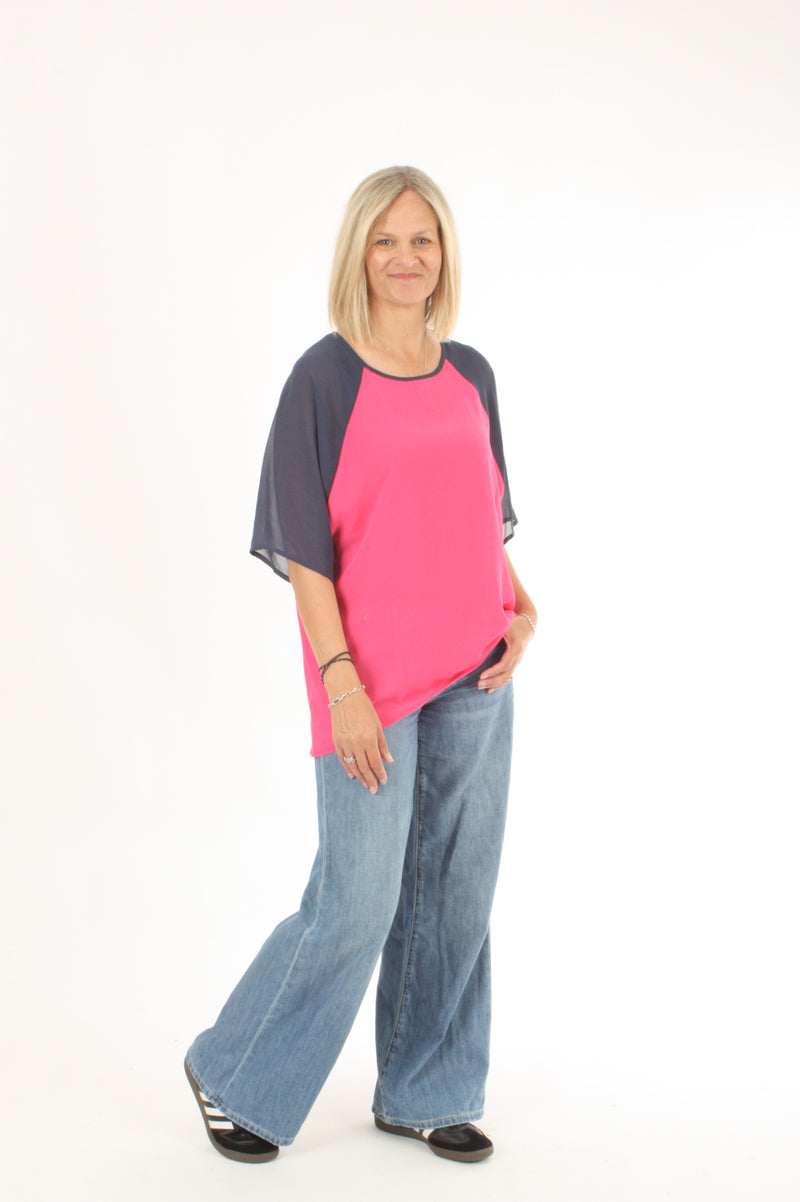 Kendra Top - Hot Pink Body Denim Sleeve - Pre-Order