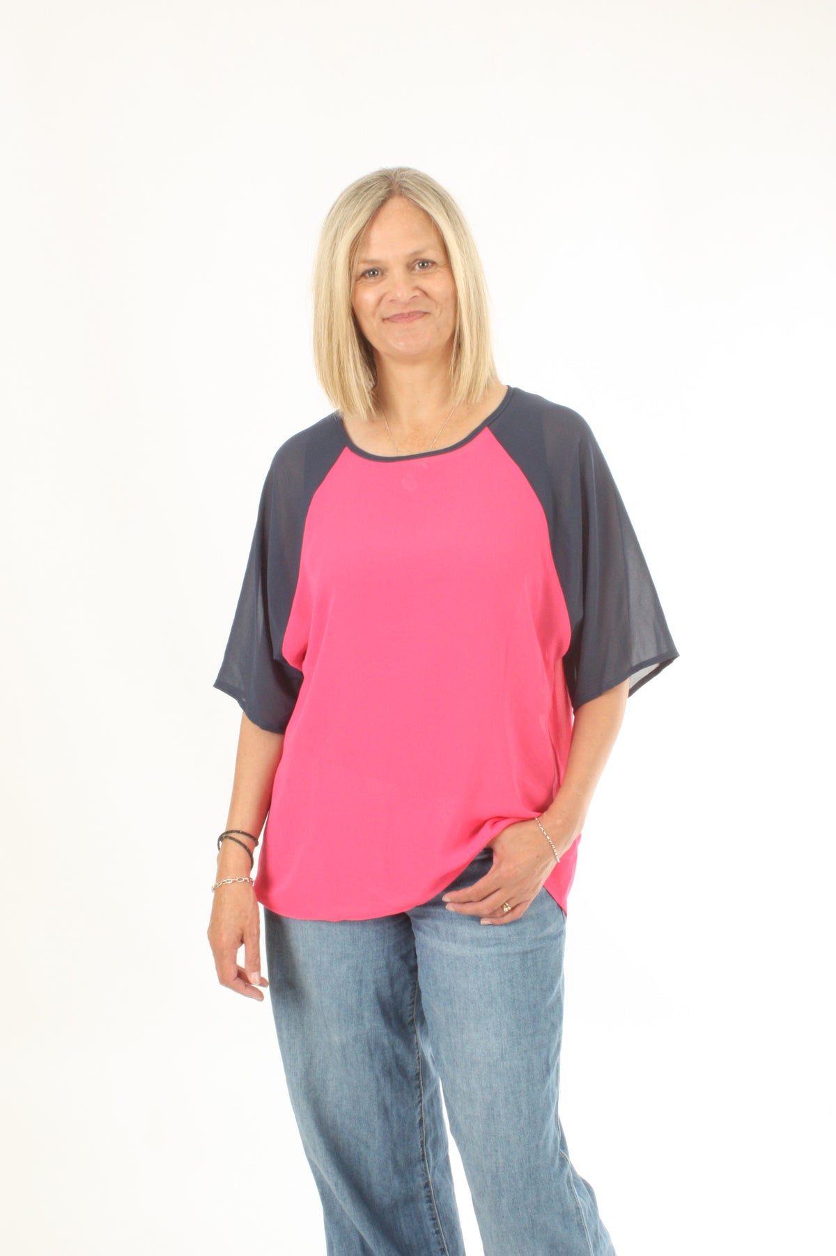 Kendra Top - Hot Pink Body Denim Sleeve - Pre-Order