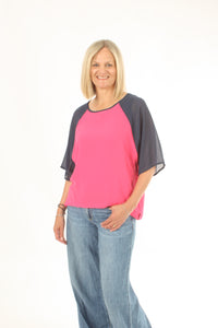 Kendra Top - Hot Pink Body Denim Sleeve - Pre-Order