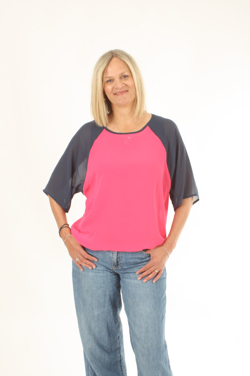 Kendra Top - Hot Pink Body Denim Sleeve - Pre-Order