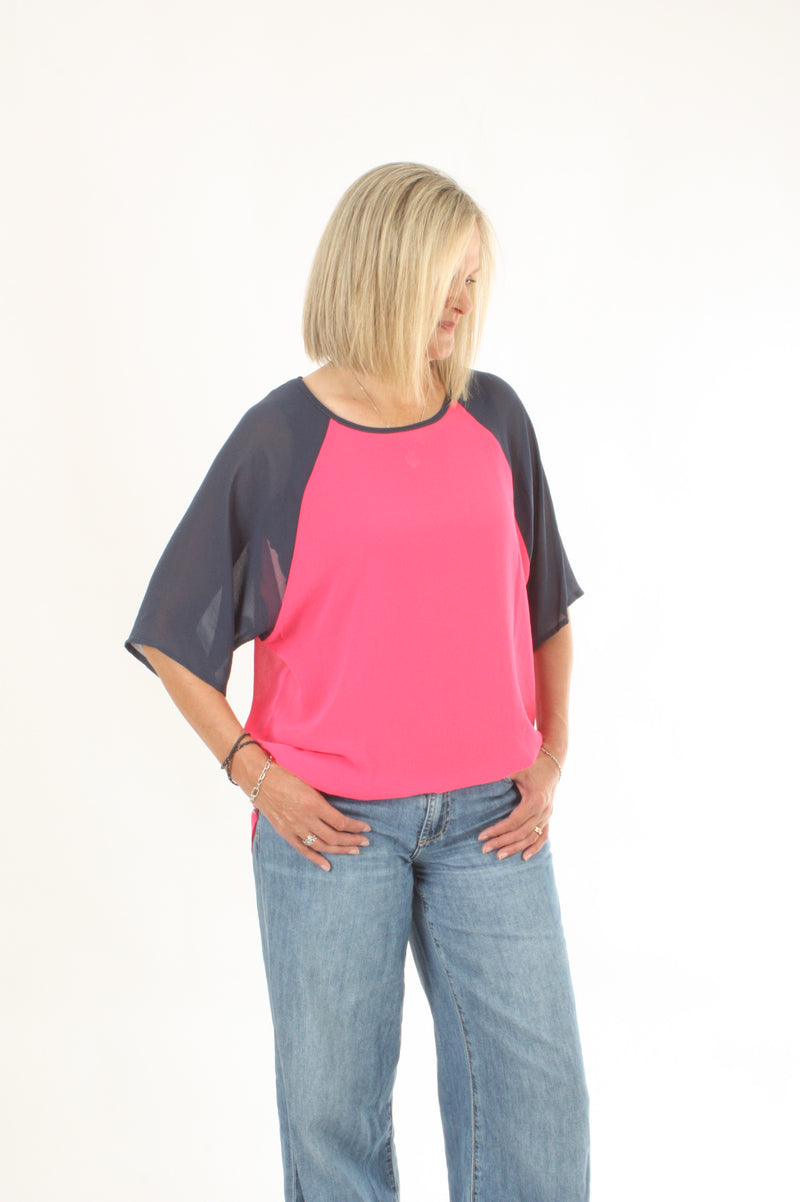 Kendra Top - Hot Pink Body Denim Sleeve - Pre-Order